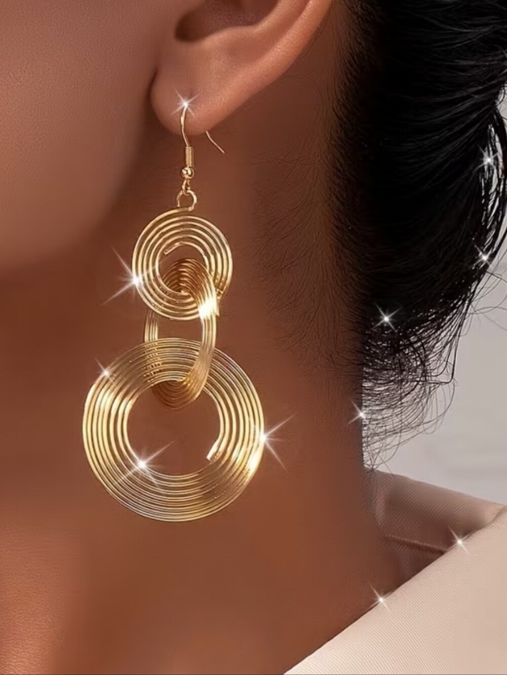 Elegant Gold Double Hoop Spiral Drop Earrings